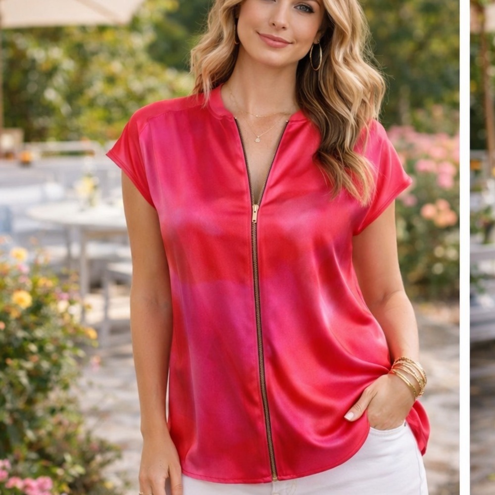 ELIE TAHARI ZIPPERED PINK/ORANGE SILK SHIRT BLOUSE Sz Large Sleeveless